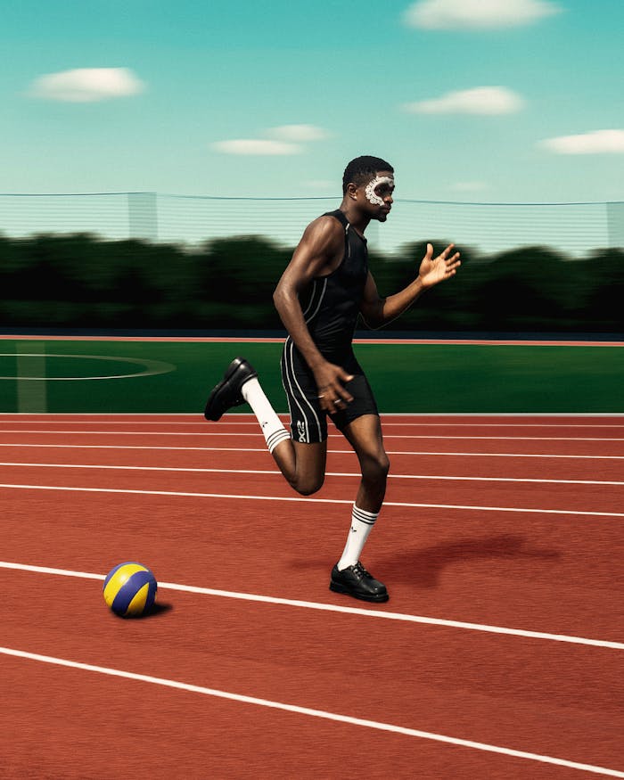 An athlete running on a track field with a volleyball, representing strength and agility.