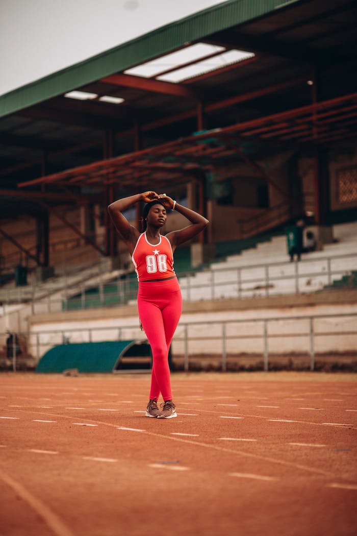 Young athlete posing confidently on a track at an outdoor stadium. Bright red sportswear stands out.